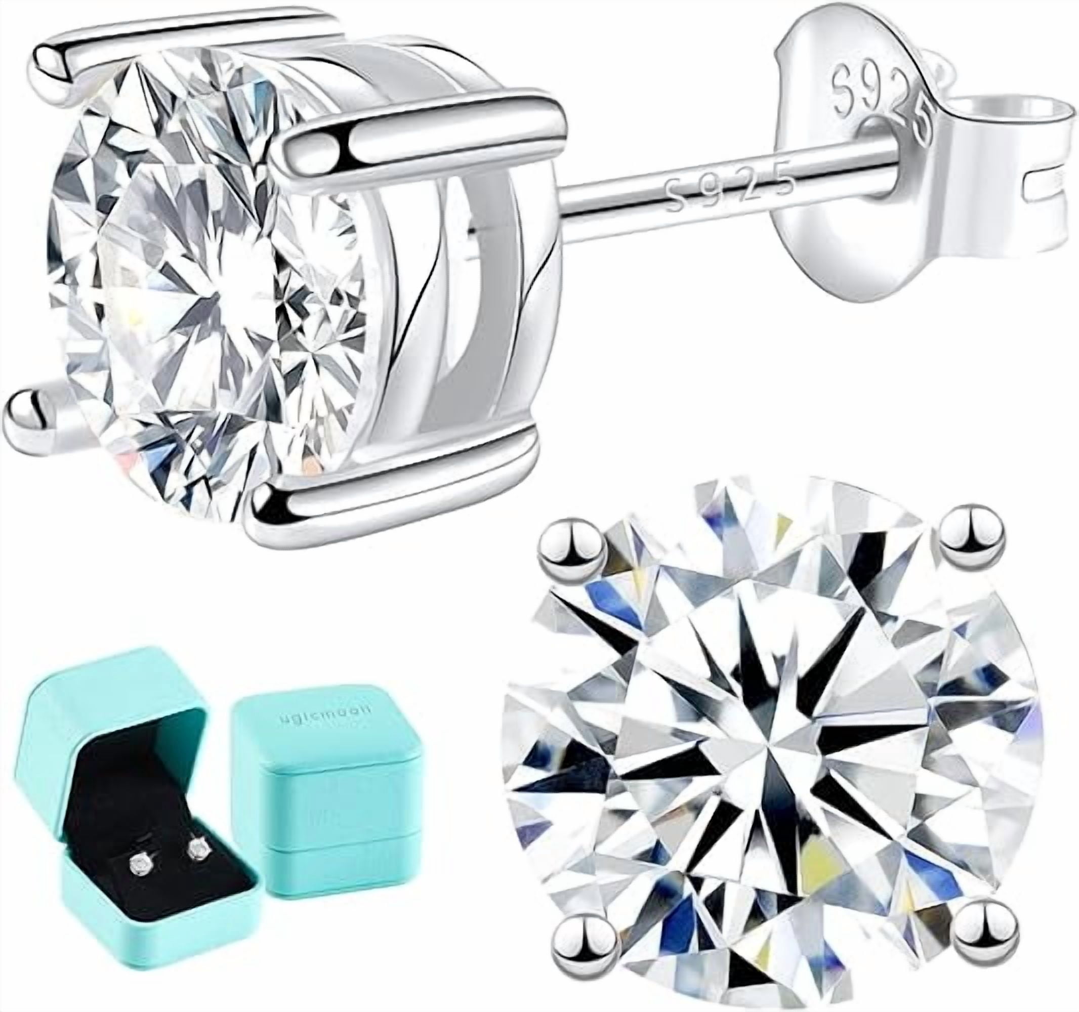 "Moissanite Lab Created Diamond Solitaire Stud Earrings 1.0ctw-3.0ctw | D Color VVS1 | Hypoallergenic 925 Sterling Silver | 14K White Gold Plated | Friction Back - Perfect Gift for Women & Men"