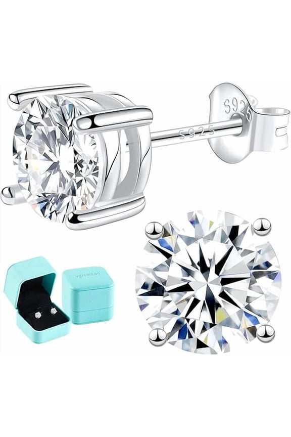 "Moissanite Lab Created Diamond Solitaire Stud Earrings 1.0ctw-3.0ctw | D Color VVS1 | Hypoallergenic 925 Sterling Silver | 14K White Gold Plated | Friction Back - Perfect Gift for Women & Men"