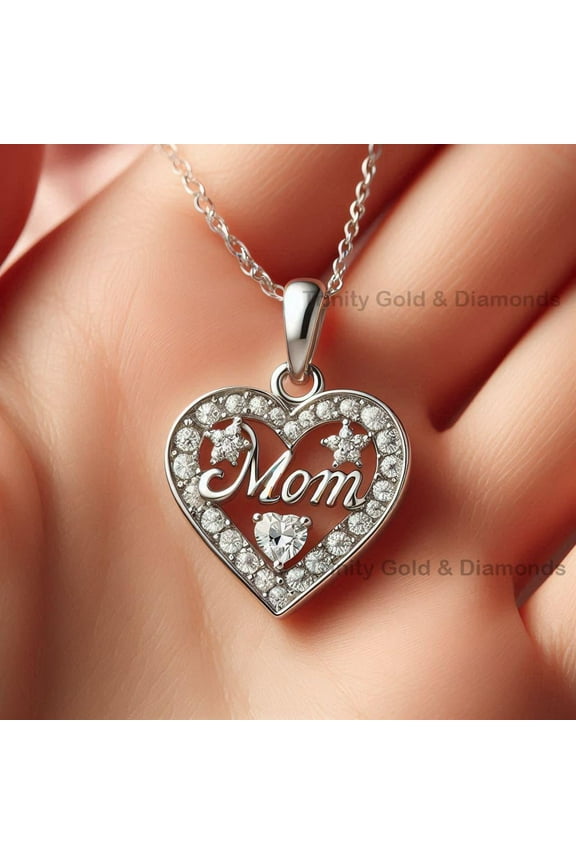 Moissanite MOM in Heart Pendant Necklace for Women, Handmade 925 Sterling Silver Mothers Day Gift, Sentimental Jewelry for Mom