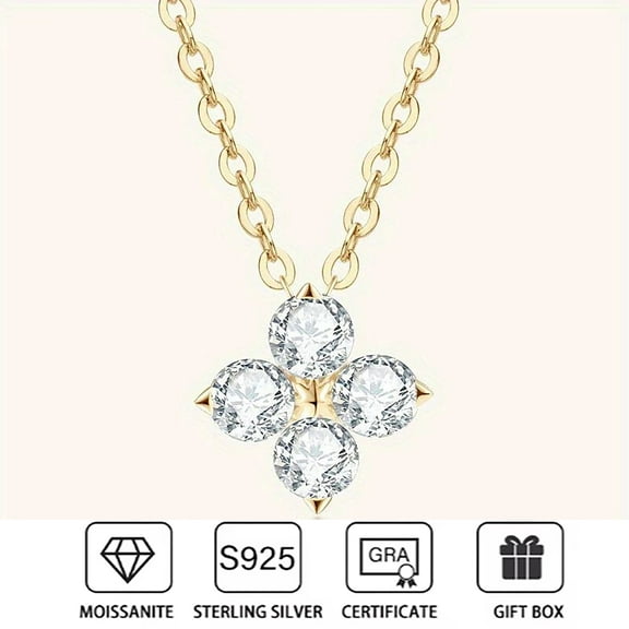 Moissanite Necklace for Women 925 Sterling Silver V-shaped/Four Leaf Clover Pendant Lab Created Diamond Necklaces with 18K Gold Plating Vintage