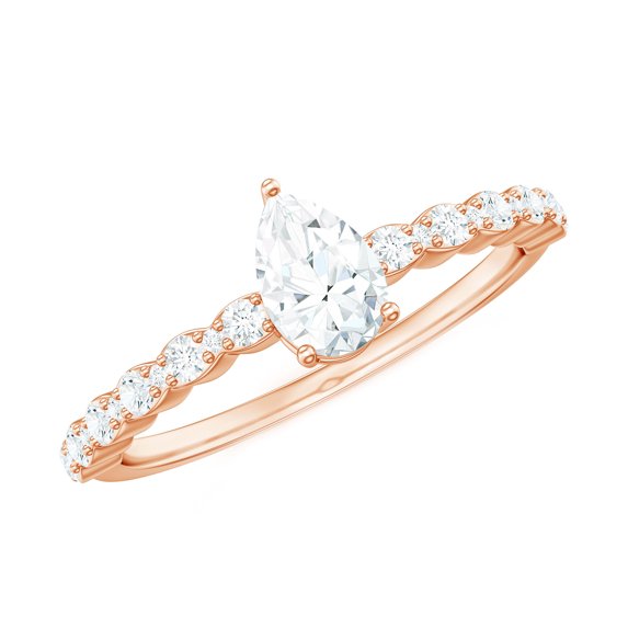 Moissanite Promise Engagement Ring with Side Stones - 5X7 mm - D-VS1 Grade Certified, 10K Rose Gold, US 5.50