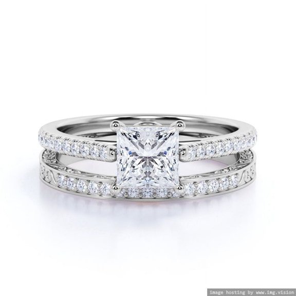 Moissanite Ring 1.40 ct square Princess cut solitaire Engagement SetBlack Rhodium (Plating Over Silver) Ring Size - 8 US