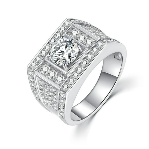 Moissanite Ring Mens Engagement Ring Band 1 Carat 925 Sterling Silver Wedding Ring for Men Round Cut D Color VVS1 Clarity Size 7-12