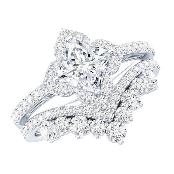 Rosec Jewels Moissanite Wedding Ring Set for Women, 3 Carat Floral Engagement Ring with Curved Band (D-VS1 Grade) - with Jewelry Box, 14K White Gold, US 9.50