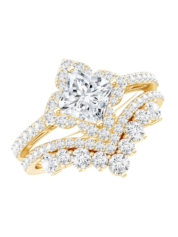 Moissanite Wedding Ring Set for Women, 3 Carat Floral Engagement Ring with Curved Band (D-VS1 Grade) - with Jewelry Box, 18K Yellow Gold, US 9.50