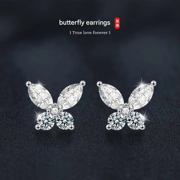 Moissanite Silver Butterfly Earrings High Version Silver Needle Autumn Winter Accessories Xiaohongshu-Selling Earrings