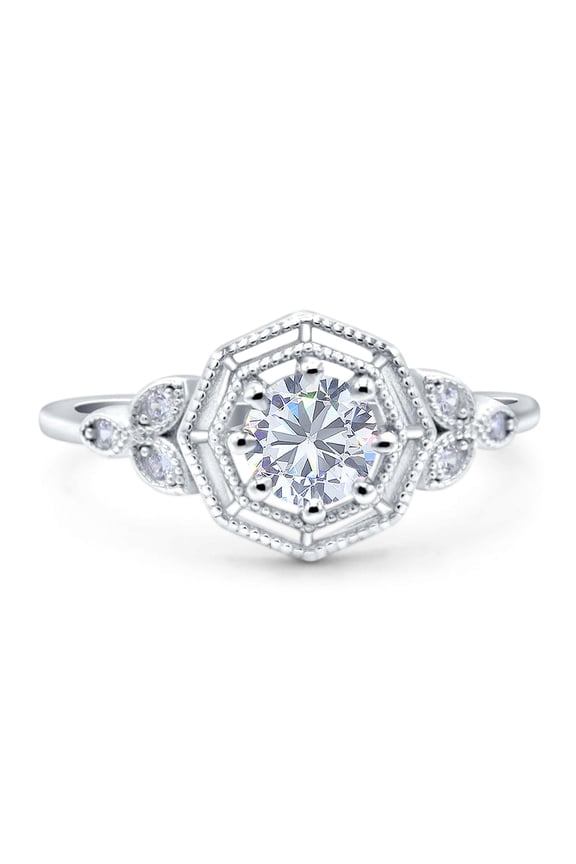 Moissanite Size-9 Art Deco Round Leaf Vintage Style Hexagonal Design Beaded CZ Wedding Engagement Ring 925 Sterling Silver Gifts For Her