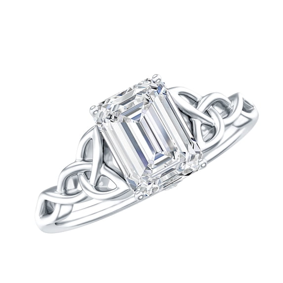 Rosec Jewels Moissanite Emerald Cut Engagement Ring with Celtic Knot - 6X8 mm Moissanite Solitaire Ring - D-VS1 Quality, 14K White Gold, US 6.50