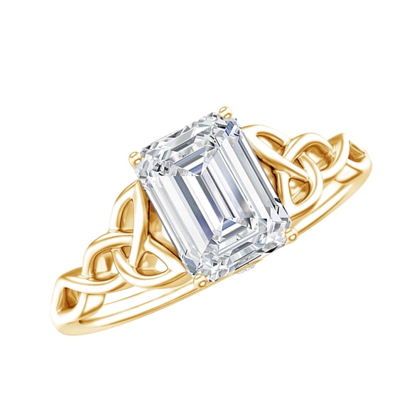 Rosec Jewels Moissanite Emerald Cut Engagement Ring with Celtic Knot - 6X8 mm Moissanite Solitaire Ring - D-VS1 Quality, 14K Yellow Gold, US 3.50