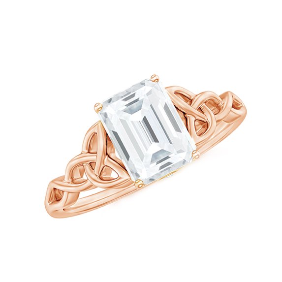 Rosec Jewels Moissanite Solitaire Celtic Knot Engagement Ring (D-VS1 Grade, 6x8 mm Emerald Cut), 18K Rose Gold, US 11.00