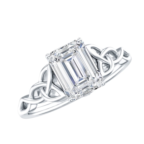 Rosec Jewels Moissanite Emerald Cut Engagement Ring with Celtic Knot - 6X8 mm Moissanite Solitaire Ring - D-VS1 Quality, 925 Sterling Silver, US 4.00