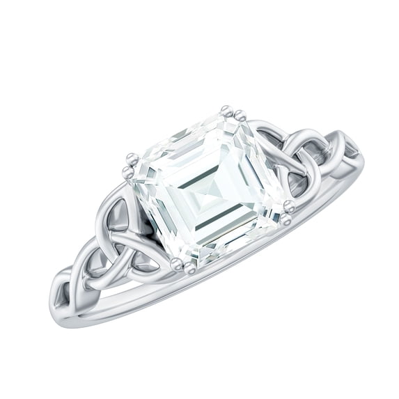 Rosec Jewels Moissanite Asscher Cut Engagement Ring 3 Carat - Celtic Knot Ring - 8 mm - D-VS1 Grade Certified - with Jewelry Box, 10K White Gold, US 3.50