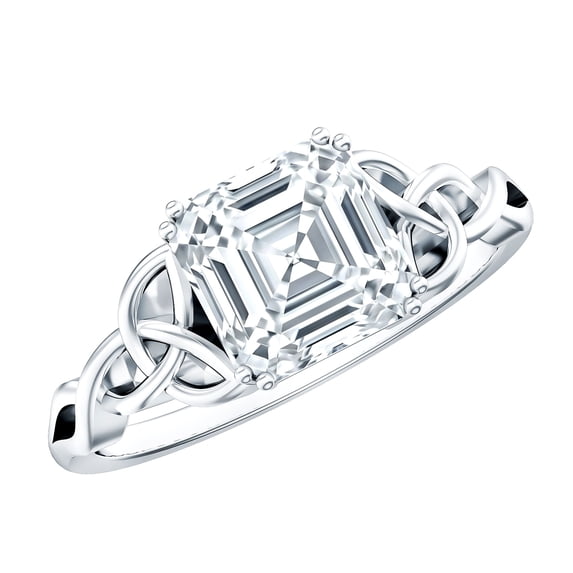 Rosec Jewels Moissanite Asscher Cut Engagement Ring 3 Carat - Celtic Knot Ring - 8 mm - D-VS1 Grade Certified - with Jewelry Box, 14K White Gold, US 5.00