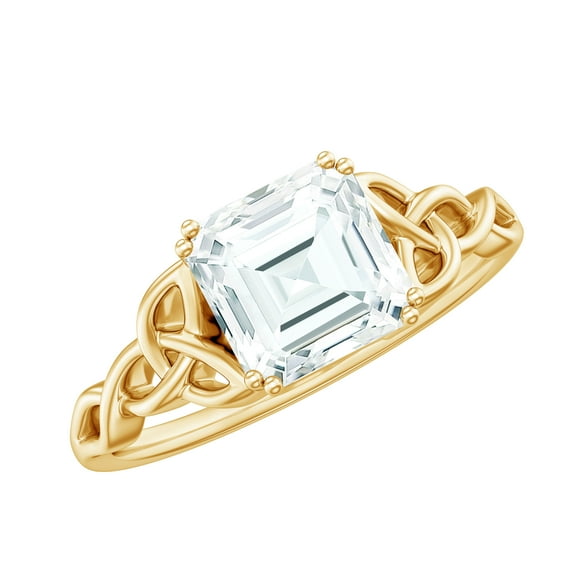 Rosec Jewels Moissanite Asscher Cut Engagement Ring 3 Carat - Celtic Knot Ring - 8 mm - D-VS1 Grade Certified - with Jewelry Box, 18K Yellow Gold, US 12.00