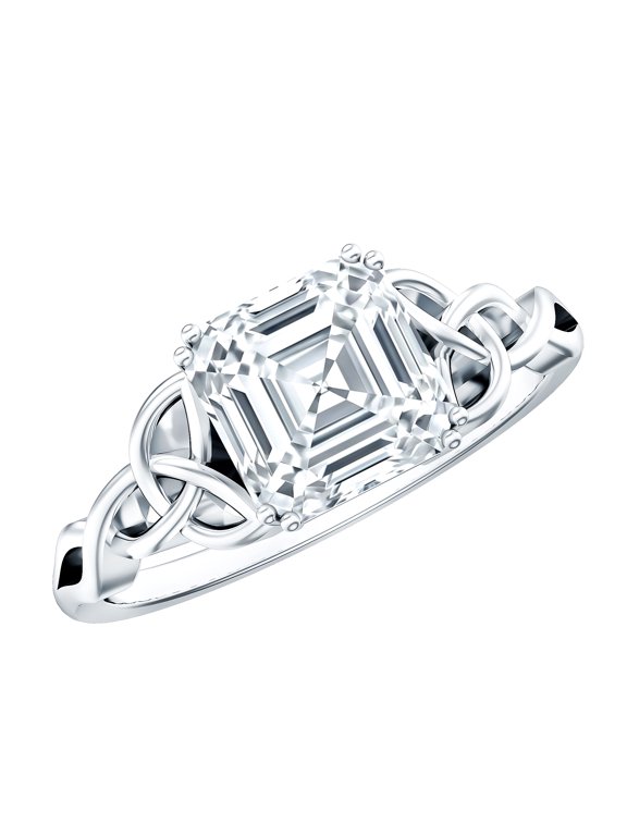 Moissanite Asscher Cut Engagement Ring 3 Carat - Celtic Knot Ring - 8 mm - D-VS1 Grade Certified - with Jewelry Box, 925 Sterling Silver, US 4.00