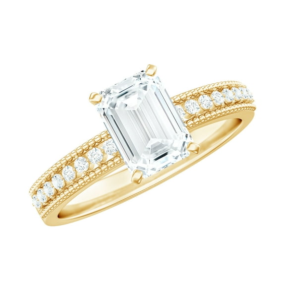 Rosec Jewels Moissanite Emerald Cut Engagement Ring 2 Ct - 6X8 mm - Solitaire Ring with Beaded Detailing - D-VS1 Grade, 10K Yellow Gold, US 6.50
