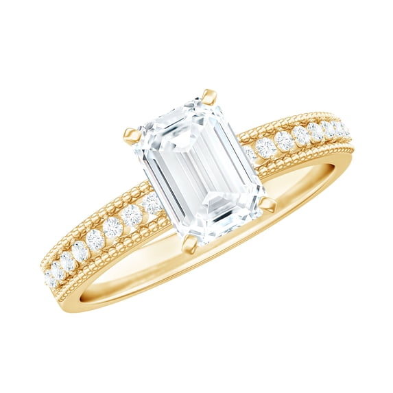 Rosec Jewels Moissanite Emerald Cut Engagement Ring 2 Ct - 6X8 mm - Solitaire Ring with Beaded Detailing - D-VS1 Grade, 18K Yellow Gold, US 13.00