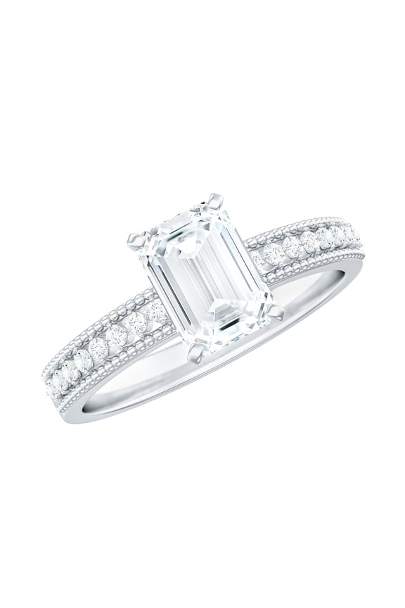 Moissanite Emerald Cut Engagement Ring 2 Ct - 6X8 mm - Solitaire Ring with Beaded Detailing - D-VS1 Grade, 925 Sterling Silver, US 4.00