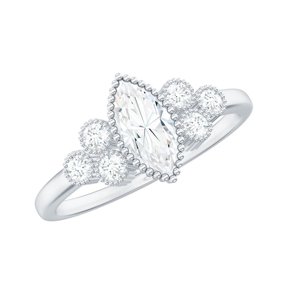 Rosec Jewels Certified Moissanite Marquise Engagement Ring - 4X8 mm Moissanite Ring with Beaded Detailing - D-VS1 Grade, 14K White Gold, US 3.00