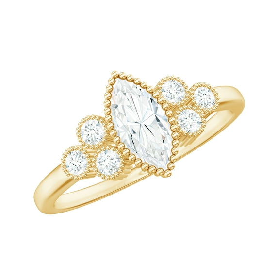 Rosec Jewels Certified Moissanite Marquise Engagement Ring - 4X8 mm Moissanite Ring with Beaded Detailing - D-VS1 Grade, 14K Yellow Gold, US 12.00