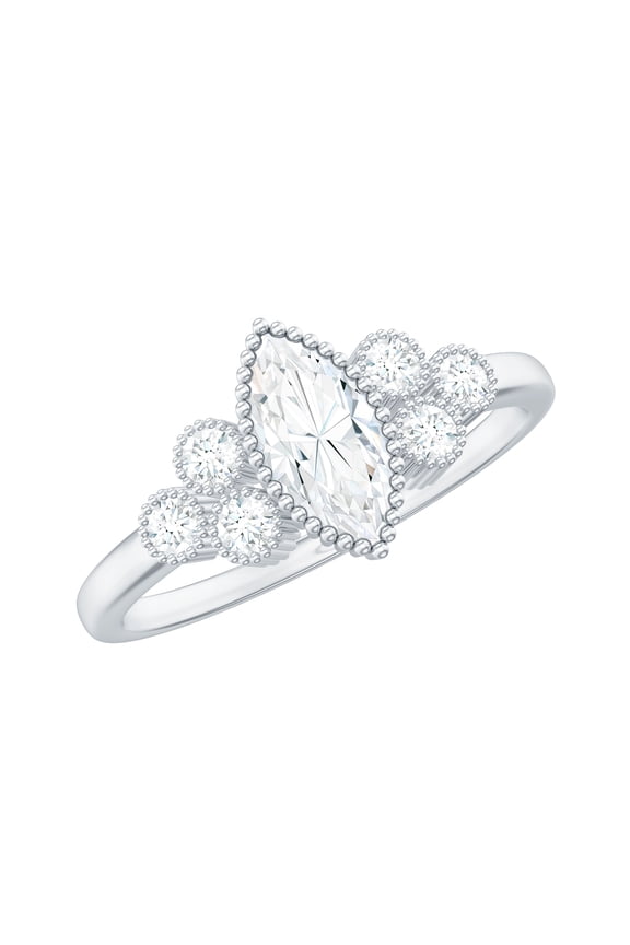 Certified Moissanite Marquise Engagement Ring - 4X8 mm Moissanite Ring with Beaded Detailing - D-VS1 Grade, 925 Sterling Silver, US 4.00