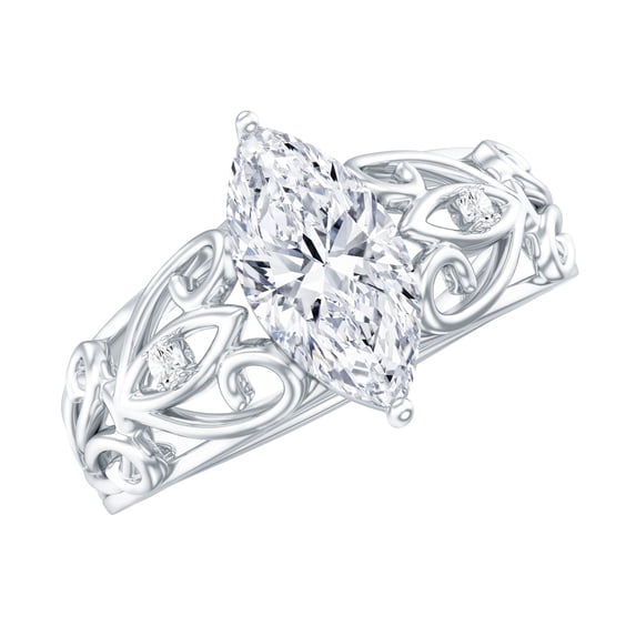 Rosec Jewels Moissanite Marquise Engagement Ring 1 Carat - Filigree Ring (5X10 mm, D-VS1 Quality Certified), 10K White Gold, US 9.50
