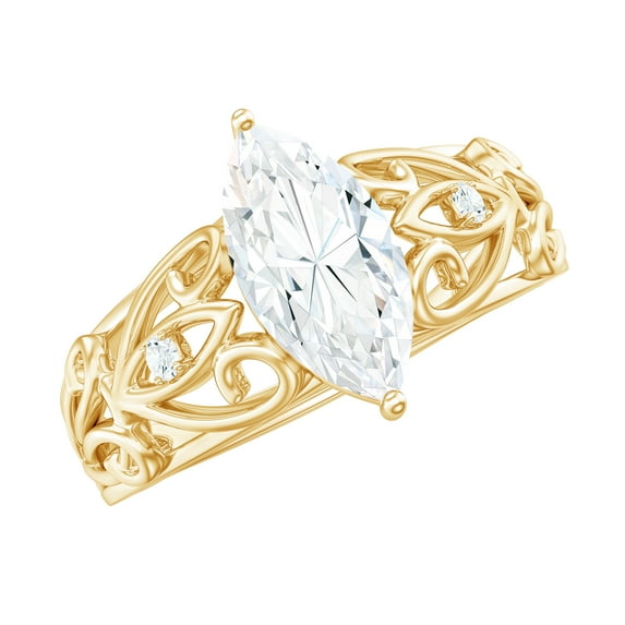 Rosec Jewels Moissanite Marquise Engagement Ring 1 Carat - Filigree Ring (5X10 mm, D-VS1 Quality Certified), 18K Yellow Gold, US 7.50