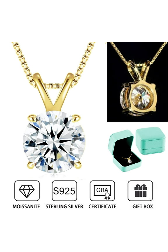 Moissanite Solitaire Necklace for Women 18K Gold Plating, 1 Carat Lab Created Diamond Pendant, D Color VVS1, 18+2" Silver Chain 925 Sterling Silver , Gift for Wife, Girlfriend on Wedding