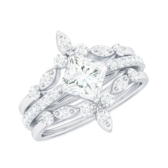 Rosec Jewels Certified Moissanite Wedding Ring Set of 3 - Princess Cut Engagement Ring with Enhancer - D-VS1 Quality, 14K White Gold, US 5.00