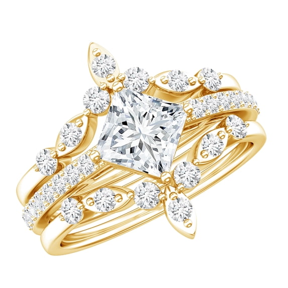 Rosec Jewels Certified Moissanite Wedding Ring Set of 3 - Princess Cut Engagement Ring with Enhancer - D-VS1 Quality, 14K Yellow Gold, US 13.00