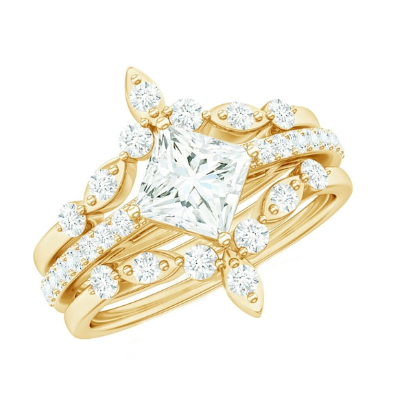 Rosec Jewels Certified Moissanite Wedding Ring Set of 3 - Princess Cut Engagement Ring with Enhancer - D-VS1 Quality, 14K Yellow Gold, US 13.00
