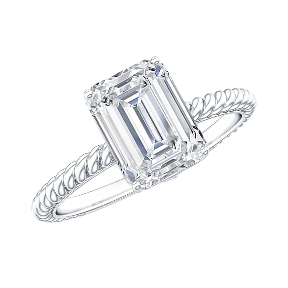 Rosec Jewels Certified Emerald Cut Moissanite Ring for Engagement 2 Carat - 6X8 mm Solitaire Ring - D-VS1 Grade, 925 Sterling Silver, US 4.00