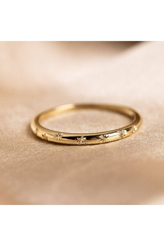 Moissanite Starburst Wedding Band , EternityMoissanite Band, Star Engraved Stacking Ring, Celestial Ring For Women, Proposal Rings In 18K Yellow Gold Over Silver