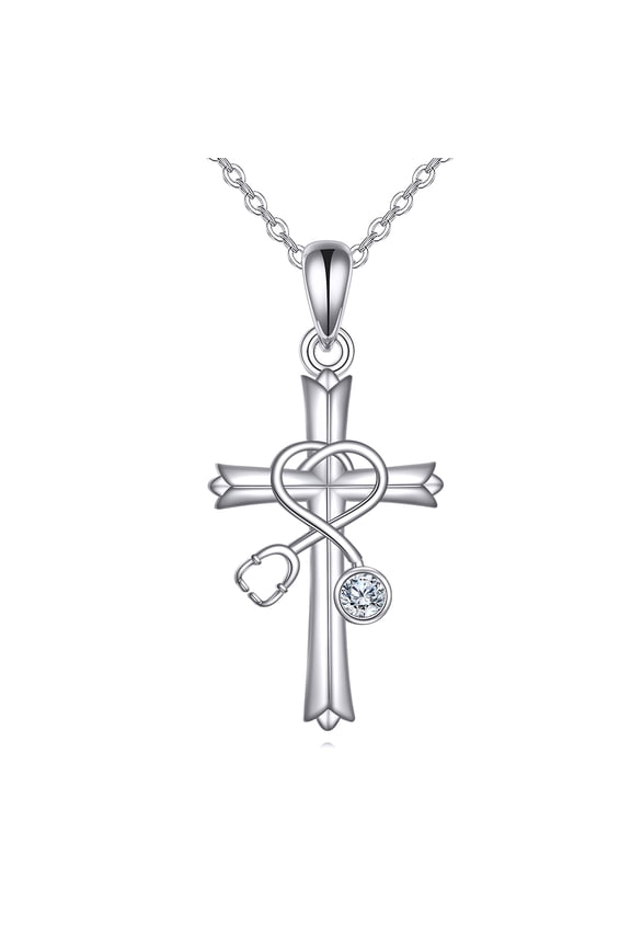 Moissanite Stethoscope Cross Necklace Sterling Silver Stethoscope Pendant 0.1 Carat Cross Jewelry Gifts for Women Men Nurses Doctors