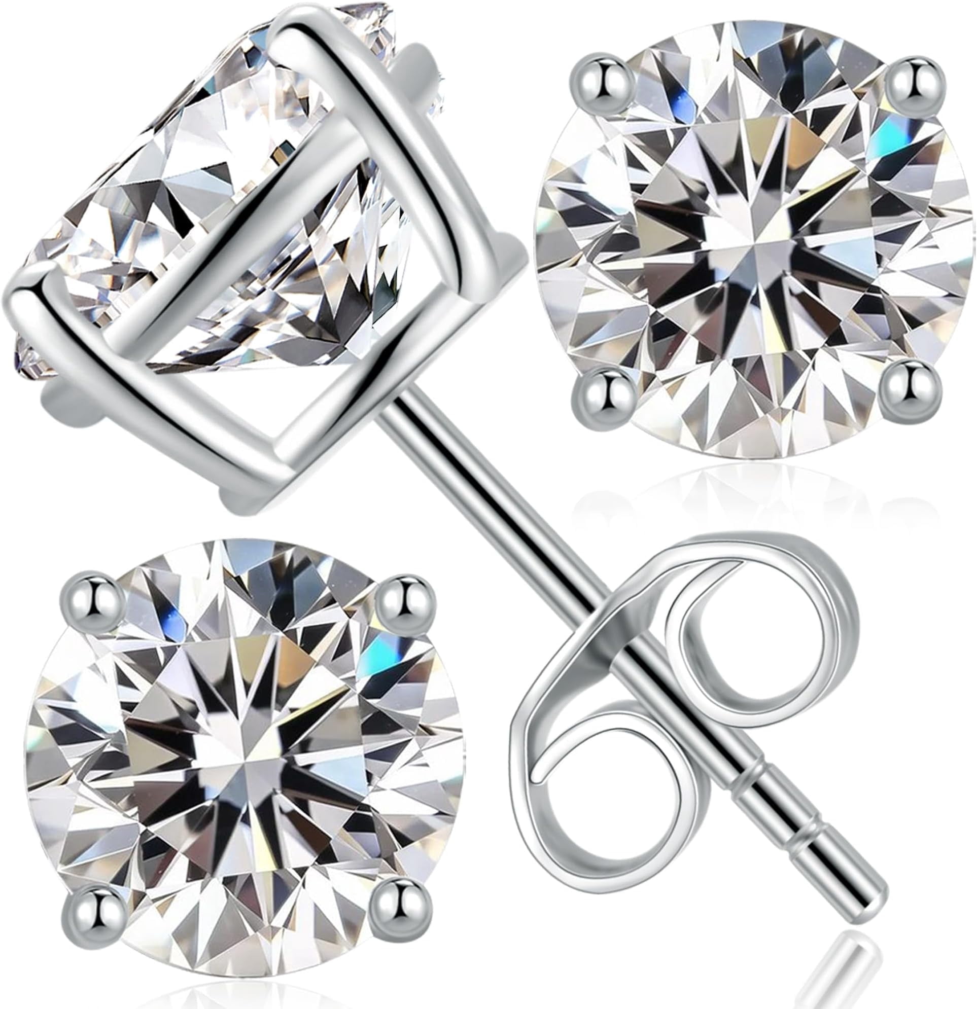 Moissanite Stud Earrings, 0.2ct-8.0ct D Color VVS1 Clarity Round Cut Lab Created Simulated Diamond Earrings, 14K White Gold Plated Silver Earrings for Women Men