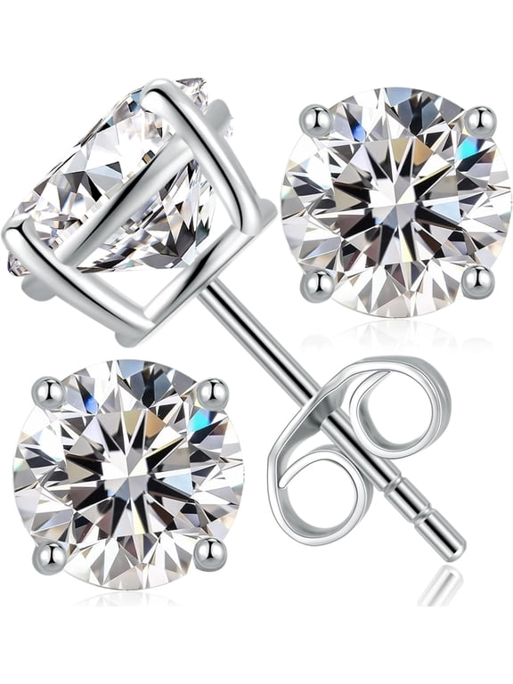 Moissanite Stud Earrings, 0.2ct-8.0ct D Color VVS1 Clarity Round Cut Lab Created Simulated Diamond Earrings, 14K White Gold Plated Silver Earrings for Women Men