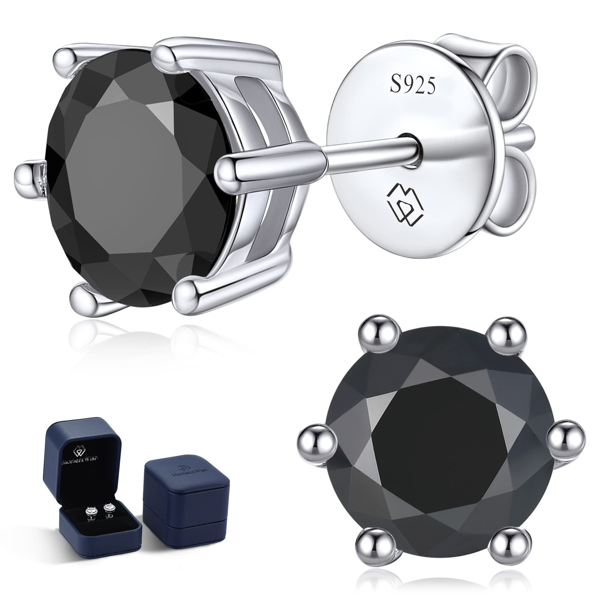 Moissanite Stud Earrings, MomentWish 2 Carat Simulated Diamond Black Earrings, Thanksgiving, Christmas, Anniversary Gifts