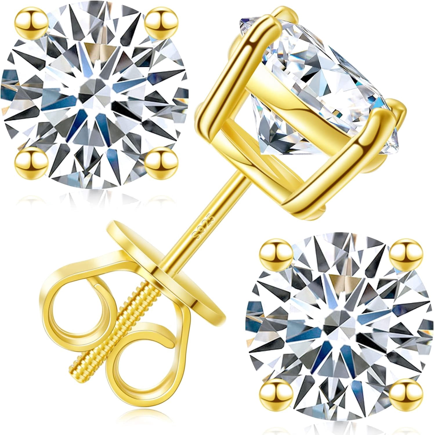 Moissanite Stud Earrings Screw Back 3-10mm 0.2ct-8.0ct 18K White Yellow Rose Gold Plated S925 Sterling Silver Round Cut D Color VVS1 Lab Created Moissanite Earrings for Women Men
