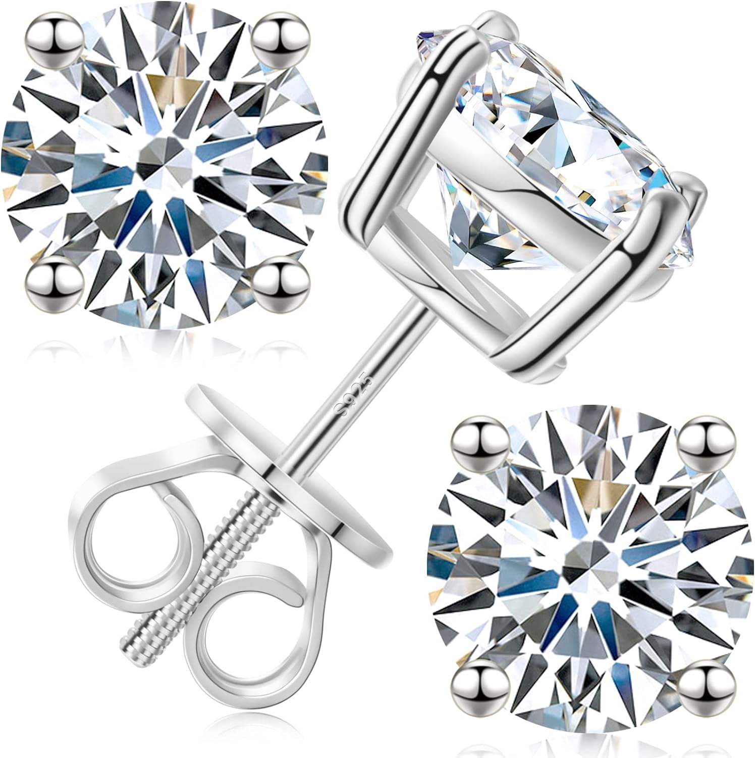 Moissanite Stud Earrings Screw Back 3-10mm 0.2ct-8.0ct 18K White Yellow Rose Gold Plated S925 Sterling Silver Round Cut D Color VVS1 Lab Created Moissanite Earrings for Women Men