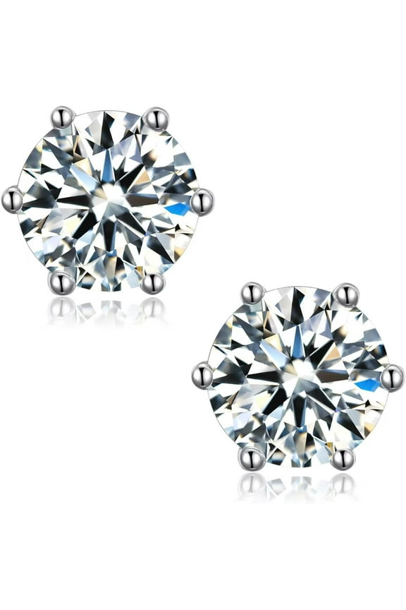 Moissanite Stud Earrings for Women, 2ct 14K White Gold Plated Silver Friction Back and Post for Women Men, D Color VVS1 Round Lab Created Diamond Earrings Men