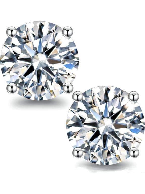 Moissanite Stud Earrings for Women, 2ct 14K White Gold Plated Silver Friction Back and Post for Women Men, D Color VVS1 Round Lab Created Diamond Earrings Men