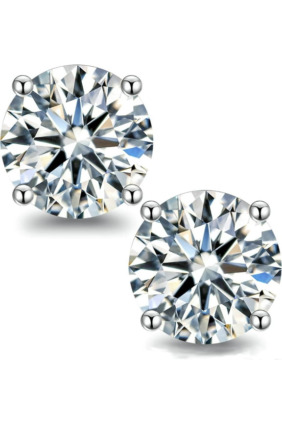 Moissanite Stud Earrings for Women, 2ct 14K White Gold Plated Silver Friction Back and Post for Women Men, D Color VVS1 Round Lab Created Diamond Earrings Men