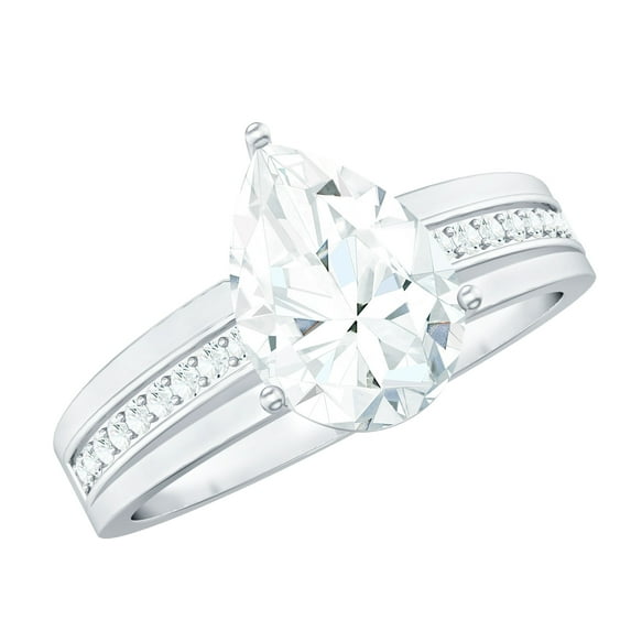 Moissanite Teardrop Solitaire Engagement Ring with Side Stones (7X10 mm Pear Cut Moissanite, D-VS1 Quality), 14K White Gold, US 9.75