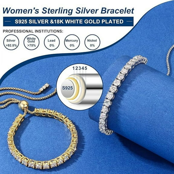 Moissanite Tennis Bracelet, 1.52ct-7.76ct Diamond Bracelets for Women, 18K White Gold Plated S925 Sterling Silver Adjustable Tennis Bracelets,