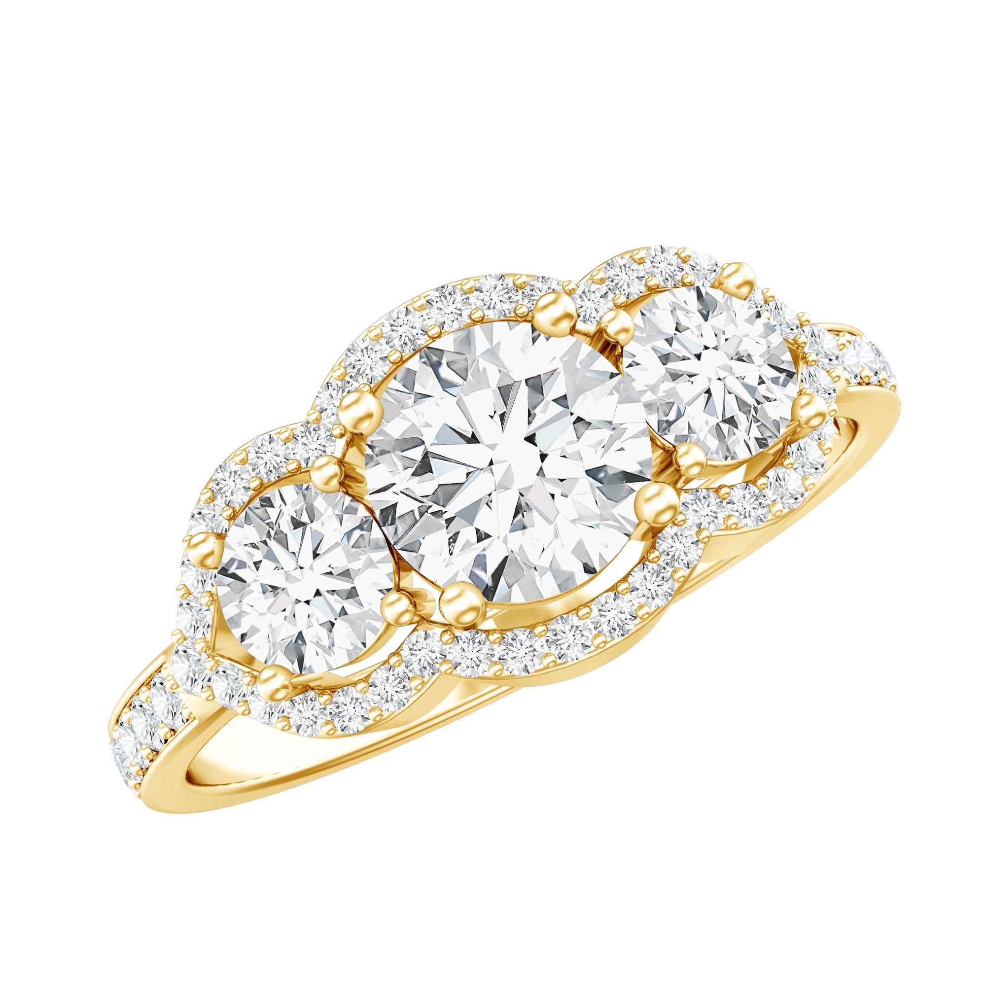 Rosec Jewels Certified Moissanite 3 Stone Engagement Ring for Women - D-VS1 Quality - Statement Ring - with Jewelry Box, 10K Yellow Gold, US 3.00