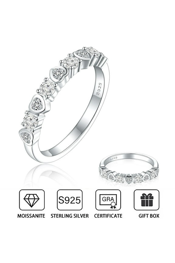 Moissanite Wedding Bands for Women, 925 Sterling Silver Lab Created Diamond Eternity Rings, 9 Stone heart-shaped Stackable Moissanite Rings Anniversary Jewelry for Her Wife