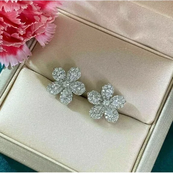 Moissanite White Cut Round Ct 3 Earrings Stud Flower Plated Gold White 14K
