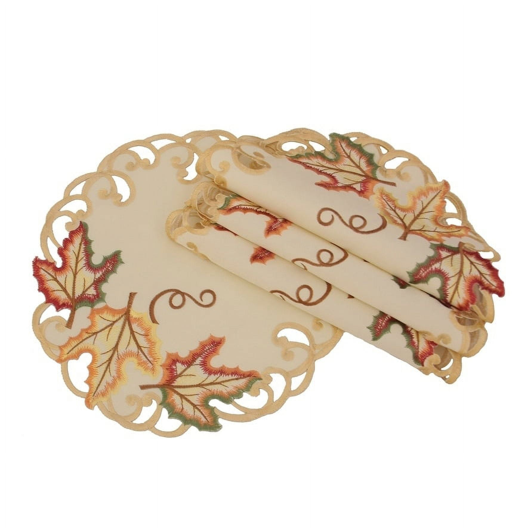Moisson Leaf Embroidered Cutwork Fall Doilies, 12Inch Round ,Set of 4