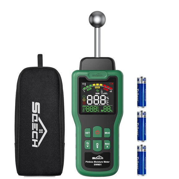 Moisture Meter, Pinless Moisture Meter with Thermometer, Flashlight, Alarm, Multifunctional Wood Moisture Meter with Color LCD, for Walls, Wood, Masonry, Caravans, Apartments