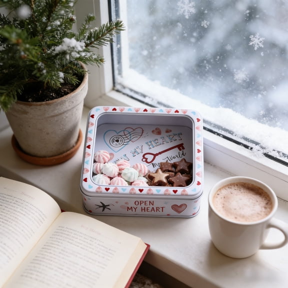 Moisture-Proof Iron Candy Baking Packaging Box, Sturdy Container for Biscuits Cookies Candies Treats, Elegant Design for Gift Giving Storage and Holiday Celebration Presents, White, 1pc